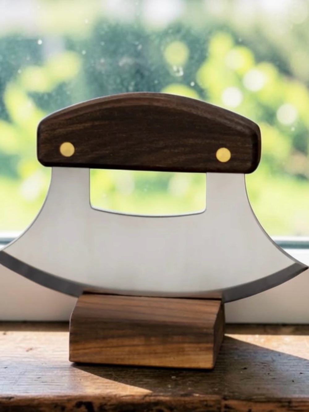 Wood-Handle Mezzaluna Chopper in Dark Brown walnut  Ulu
